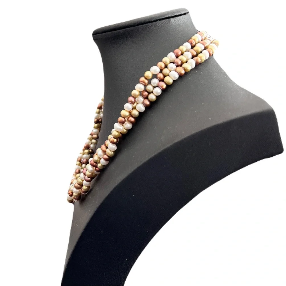 Triple Strand Multicolor Freshwater Pearl Sterling Silver Necklace, 17.5”